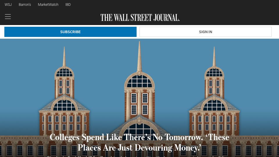 Screenshot of wsj.com: Students foot the bill for flagship state universities