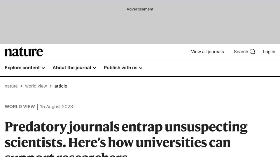 Screenshot of nature.com: Predatory journals entrap unsuspecting scientists