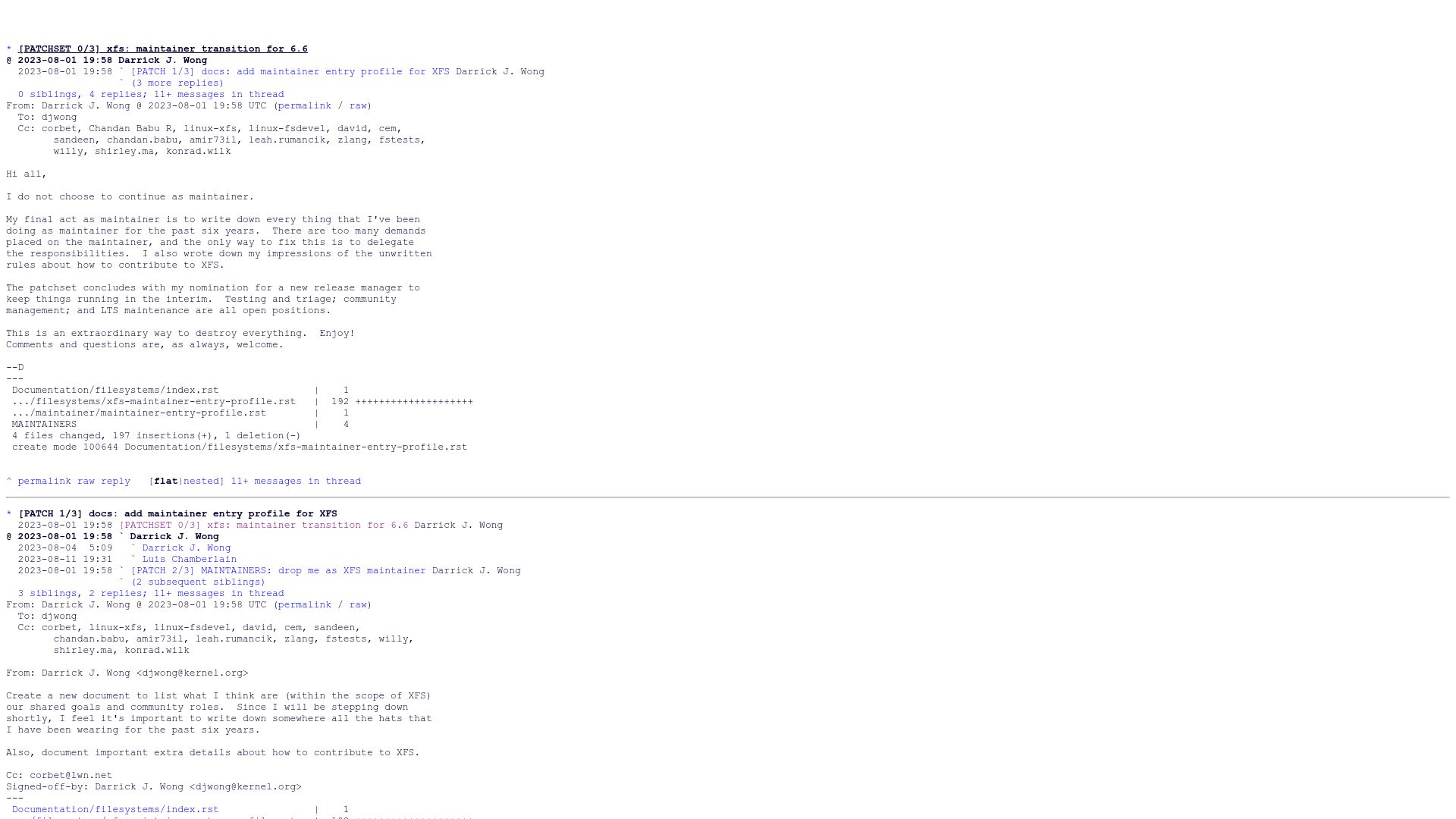 Screenshot of lore.kernel.org: XFS maintainer, Darrik Wong, steps down