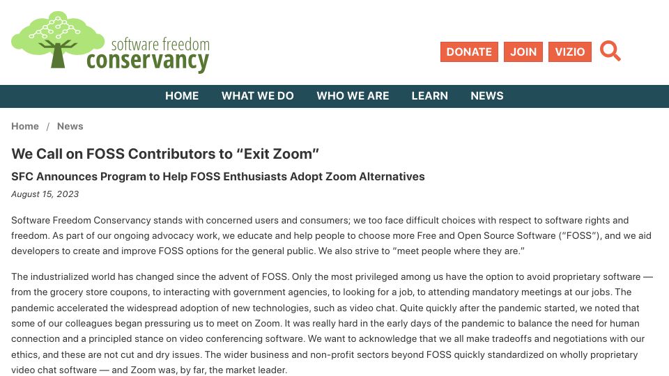 Screenshot of sfconservancy.org: We Call on FOSS Contributors to “Exit Zoom”