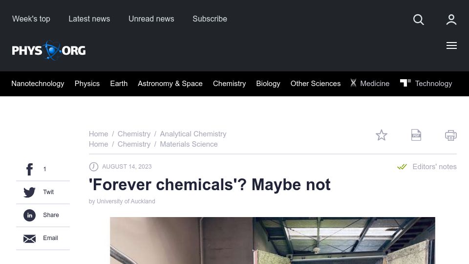 Screenshot of phys.org: Ball milling destroys PFAS in contaminated soil