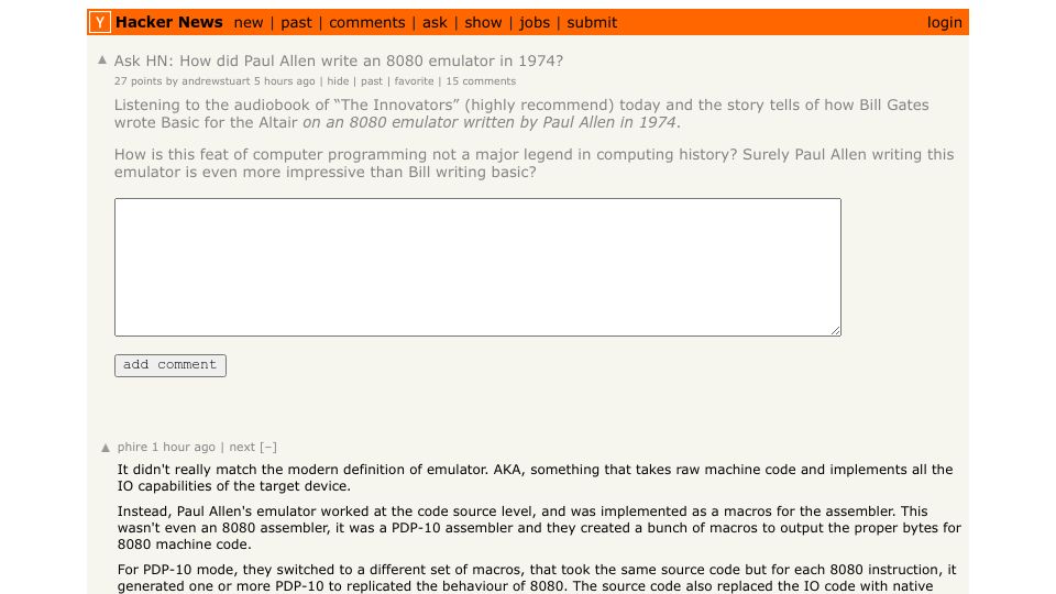 Screenshot of Hacker News post: Ask HN: How did Paul Allen write an 8080 emulator in 1974?