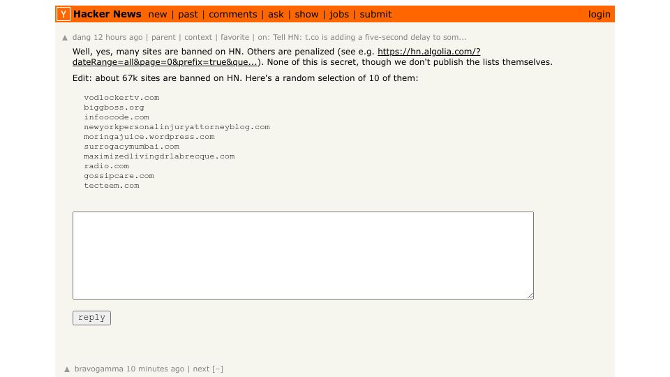 Screenshot of news.ycombinator.com: "About 67k” sites are banned from submission on HN, the list is kept secret