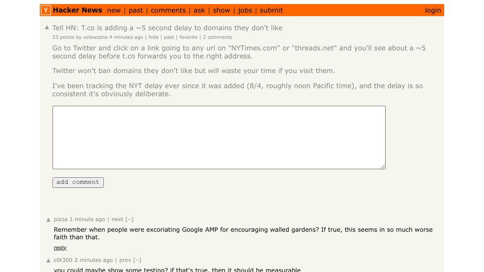 Screenshot of Hacker News post: Tell HN: t.co is adding a five-second delay to some domains