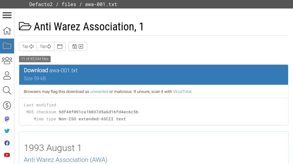 Screenshot of defacto2.net: Anti Warez Association, 1 (1993)
