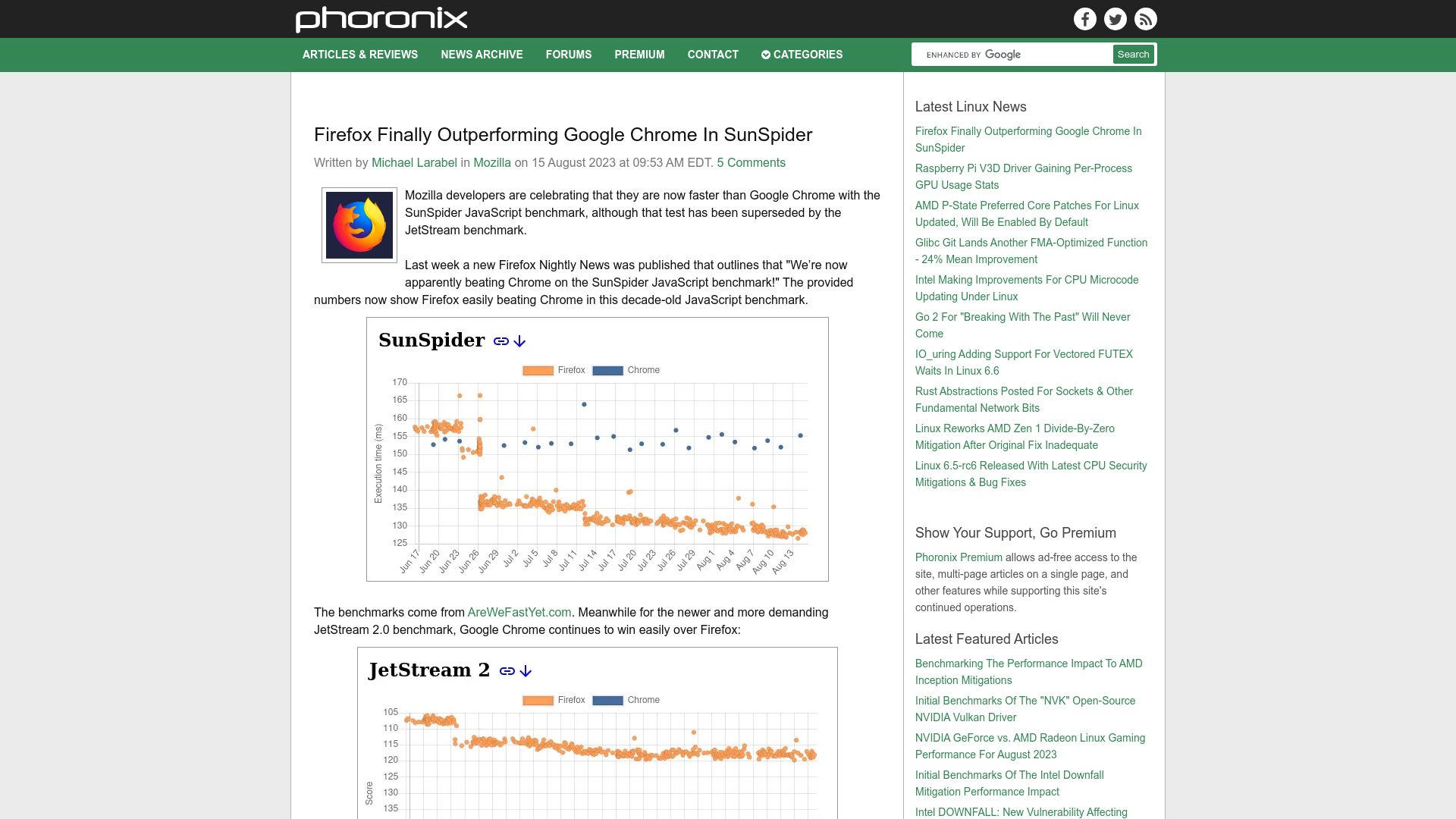 Screenshot of phoronix.com: Firefox finally outperforming Google Chrome in SunSpider