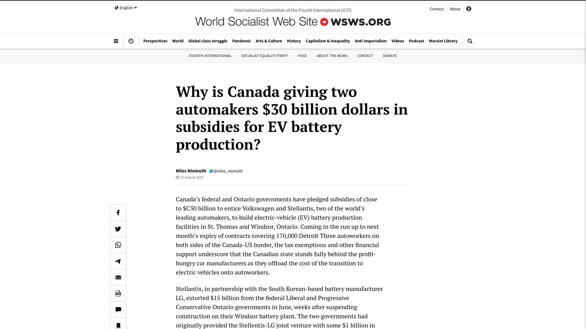 Screenshot of wsws.org: Why is Canada giving two automakers $30B in subsidies for EV battery production?