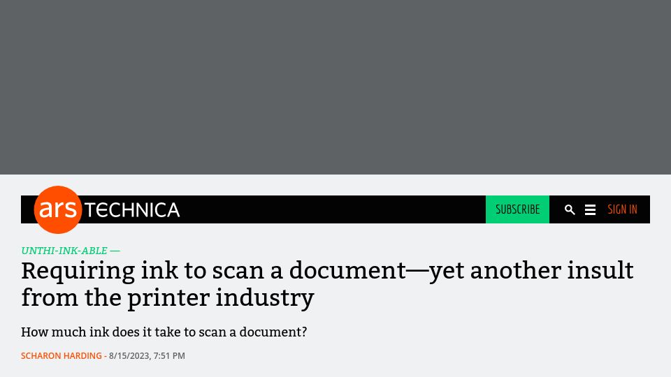 Screenshot of arstechnica.com: Requiring ink to scan a document–yet another insult from the printer industry