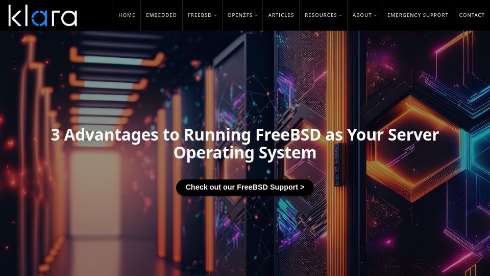 Screenshot of klarasystems.com: Advantages to running FreeBSD as a server operating system