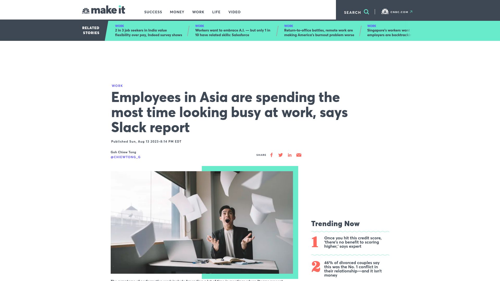 Screenshot of cnbc.com: Employees in Asia are spending most time looking busy at work, says Slack report
