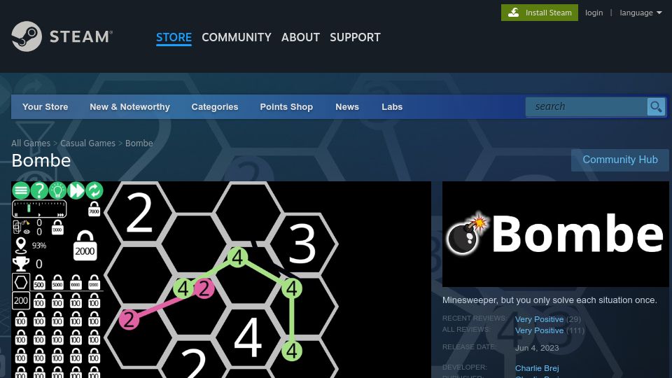 Screenshot of store.steampowered.com: Bombe: Minesweeper, but you only solve each situation once