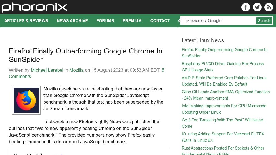 Screenshot of phoronix.com: Firefox finally outperforming Google Chrome in SunSpider