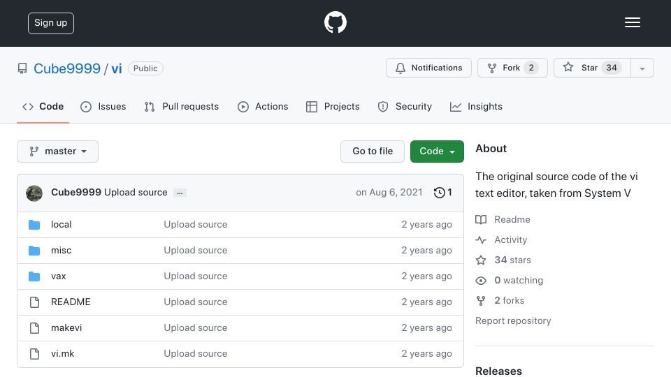 Screenshot of github.com: The original source code of the vi text editor, taken from System V