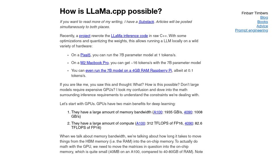 Screenshot of finbarr.ca: How Is LLaMa.cpp Possible?