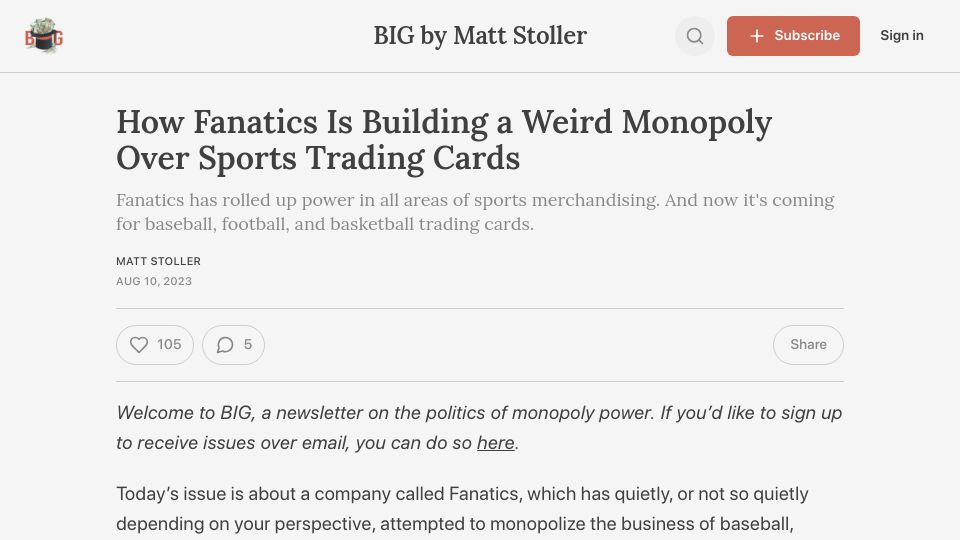 Screenshot of thebignewsletter.com: Fanatics Is Building a Weird Monopoly over Sports Trading Cards