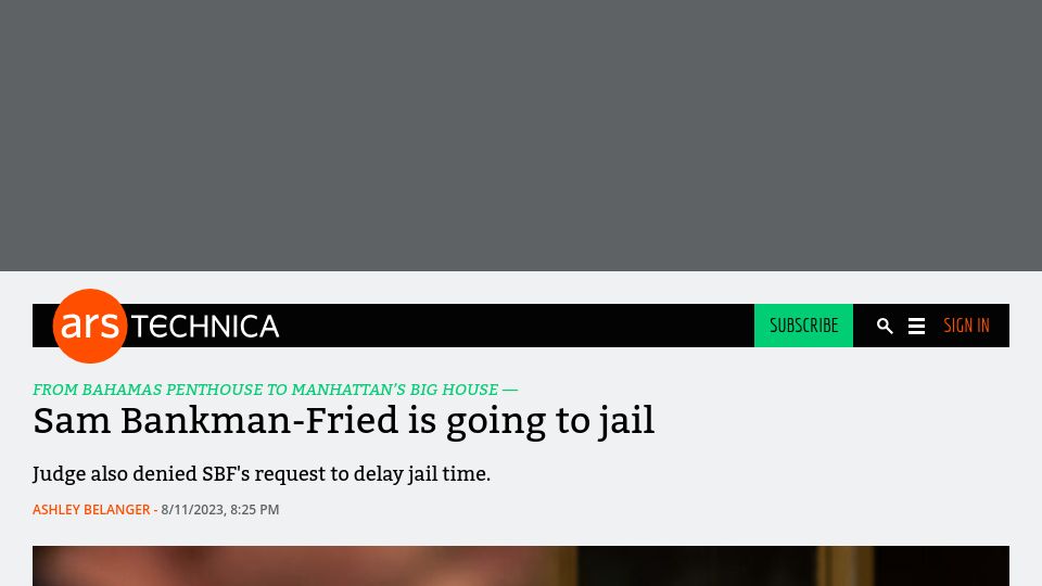 Screenshot of arstechnica.com: Sam Bankman-Fried is going to jail