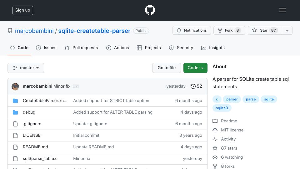 Screenshot of github.com: A C parser for CREATE and ALTER TABLE SQLite statements