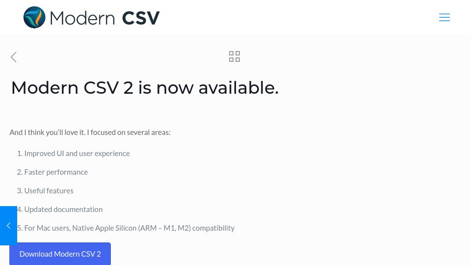 Screenshot of moderncsv.com: Modern CSV version 2