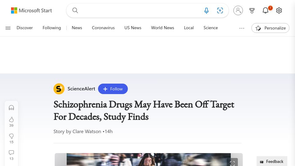 Screenshot of msn.com: Schizophrenia drugs may have been off target for decades, study finds