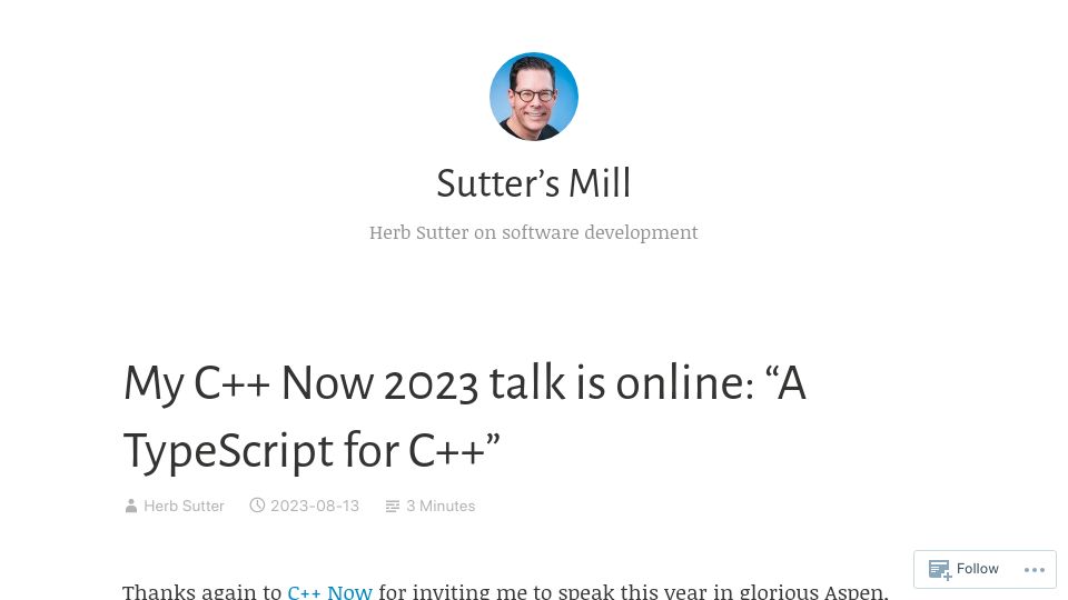 Screenshot of herbsutter.com: My (Herb Sutter's) C++ Now 2023 talk is online: “A TypeScript for C++”