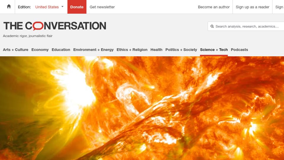 Screenshot of theconversation.com: Solar cycle is more powerful and surprising than predicted