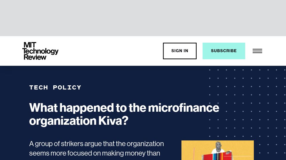 Screenshot of technologyreview.com: What happened to the microfinance company Kiva?