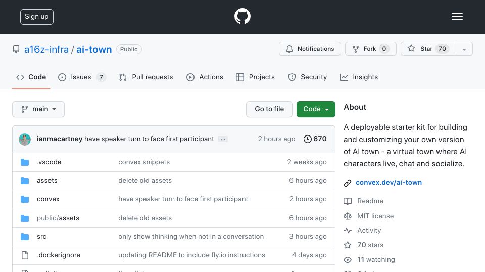 Screenshot of github.com: Show HN: AI-town, run your own custom AI world SIM with JavaScript