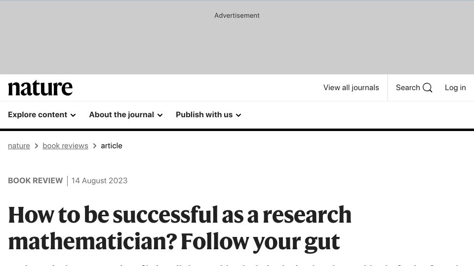 Screenshot of nature.com: How to be successful as a research mathematician? Follow your gut