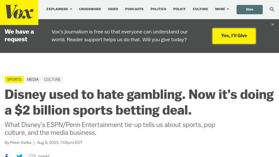Screenshot of vox.com: Disney used to hate gambling. Now it’s doing a $2B sports betting deal