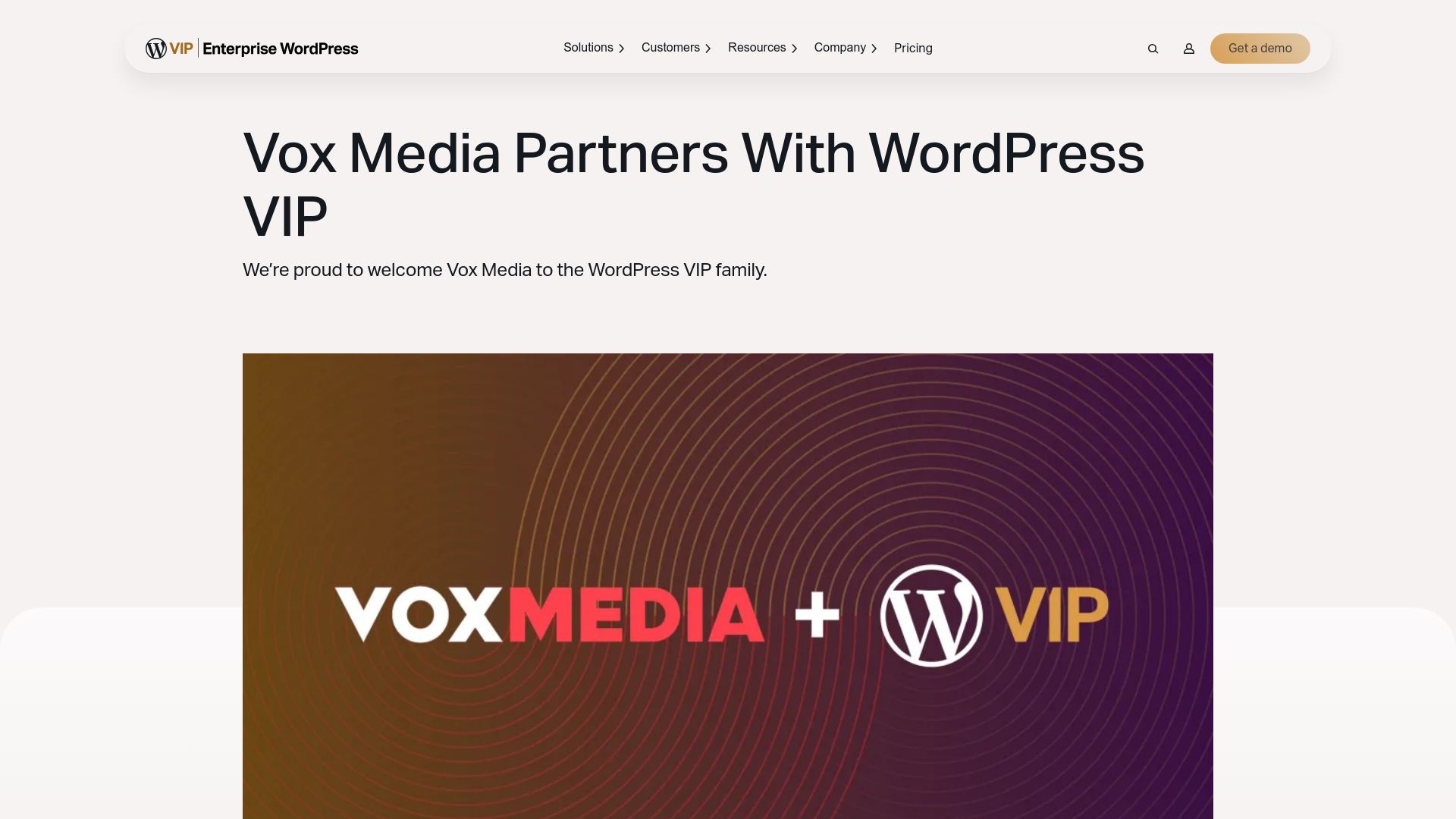 Screenshot of wpvip.com: Vox Media Partners with WordPress VIP