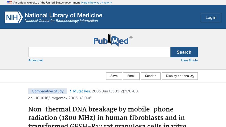 Screenshot of pubmed.ncbi.nlm.nih.gov: Non-thermal DNA breakage by mobile-phone radiation (1800 MHz)