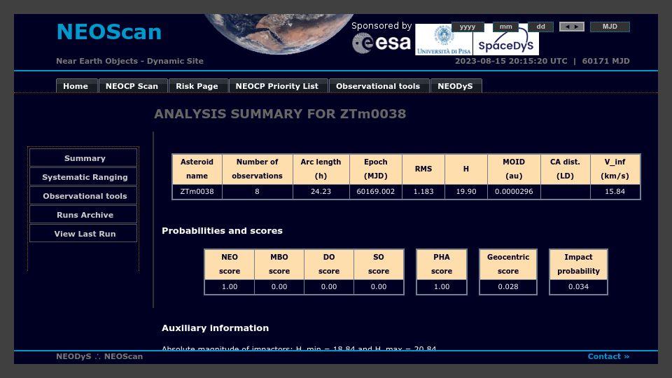 Screenshot of newton.spacedys.com: Asteroid ZTm0038 with a >3% impact probability