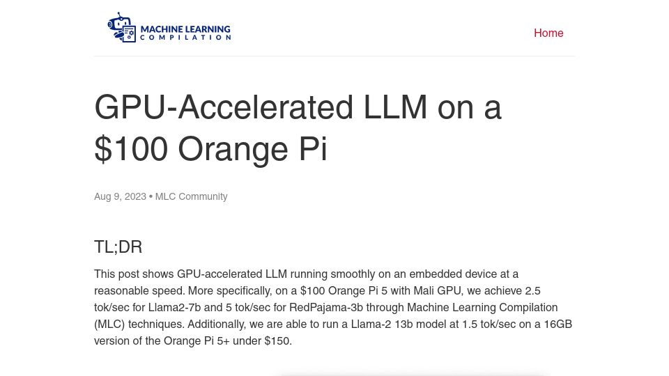 Screenshot of blog.mlc.ai: GPU-Accelerated LLM on an Orange Pi