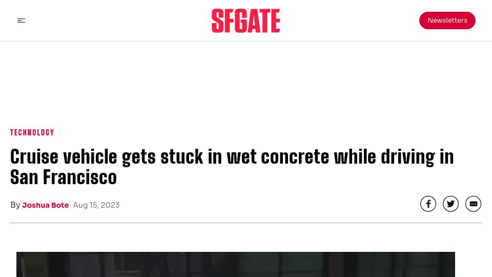 Screenshot of sfgate.com: Cruise vehicle gets stuck in wet concrete while driving in San Francisco
