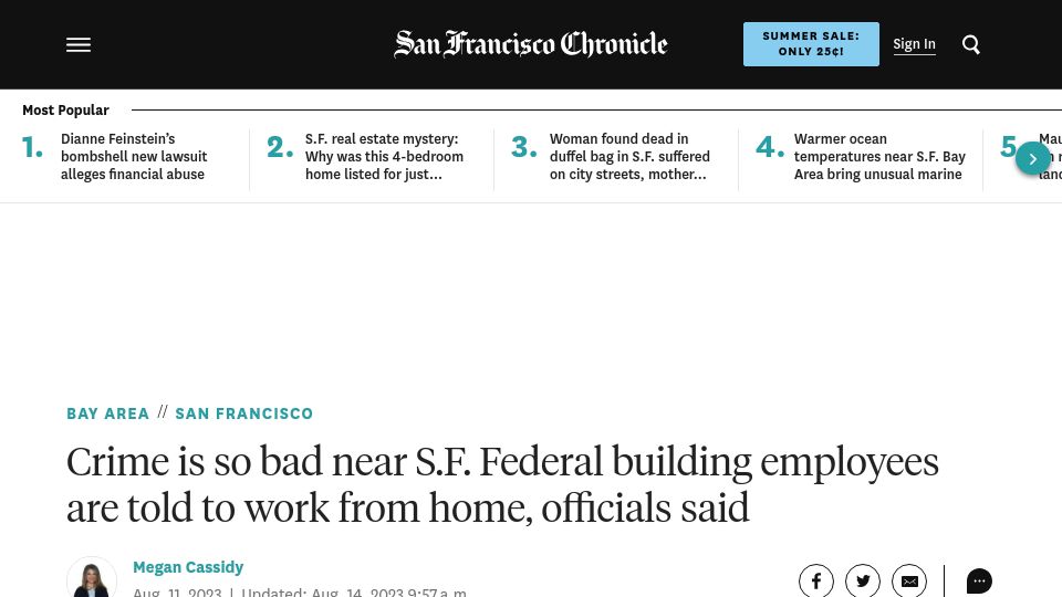 Screenshot of sfchronicle.com: Crime is so bad near S.F. Federal building employees are told to work from home