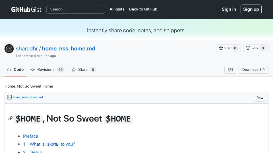 Screenshot of gist.github.com: $HOME, not so sweet $HOME
