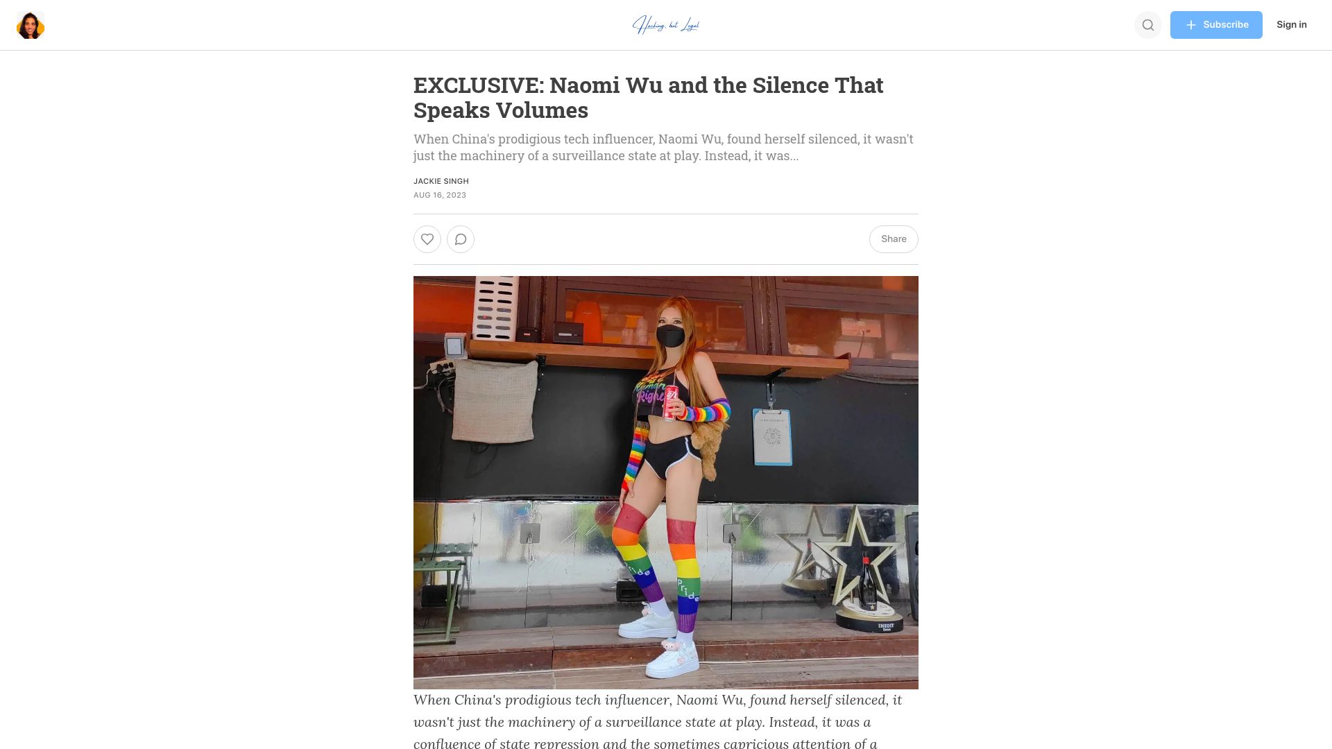 Screenshot of hackingbutlegal.com: Naomi Wu and the Silence That Speaks Volumes