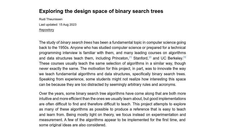 Screenshot of rtheunissen.github.io: Exploring the design space of binary search trees
