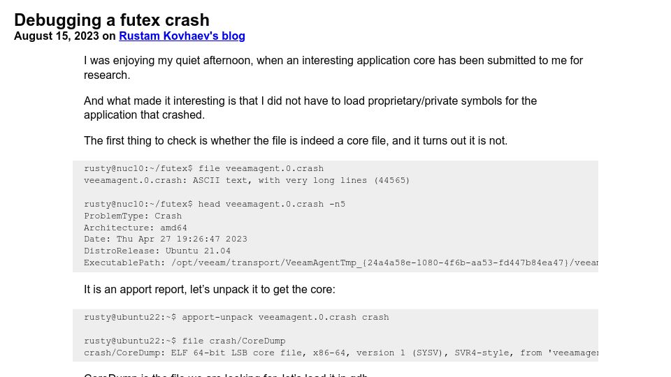 Screenshot of rustylife.github.io: Debugging a Futex Crash