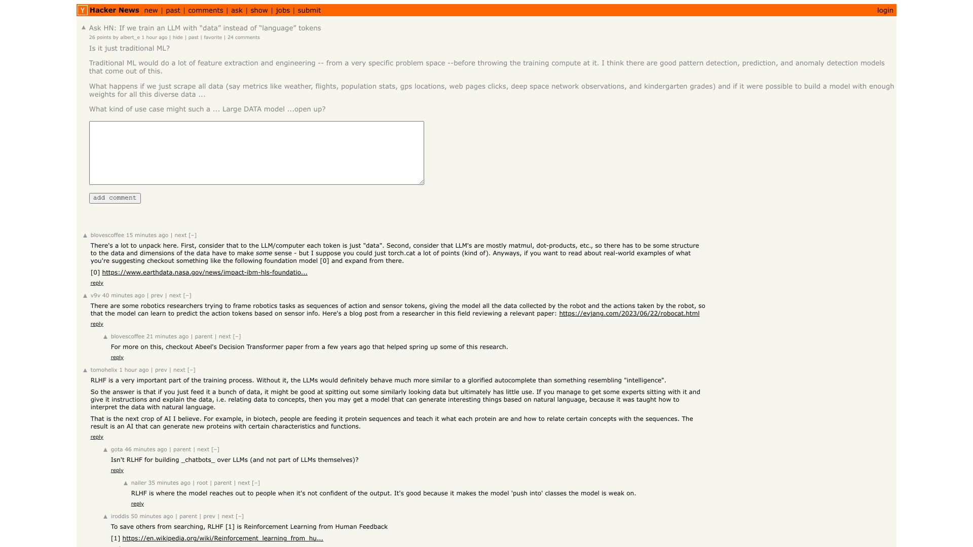 Screenshot of this Hacker News post: Ask HN: If we train an LLM with “data” instead of “language” tokens