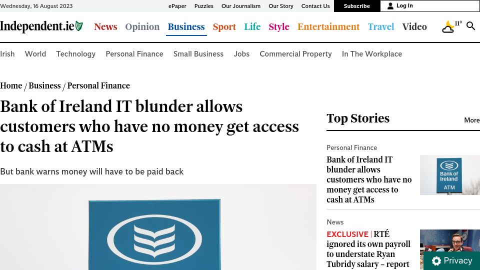 Screenshot of independent.ie: Bank of Ireland IT blunder allows customers who have no money get access to cash