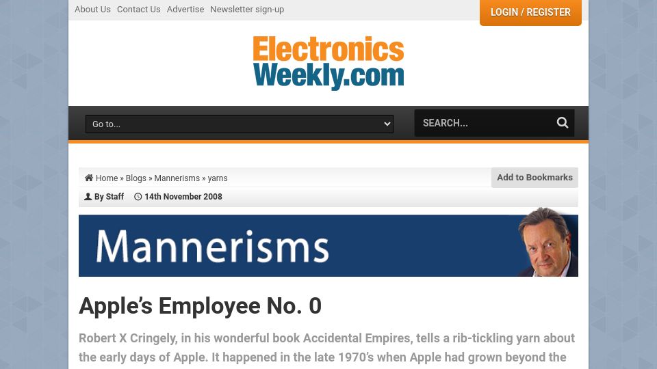 Screenshot of electronicsweekly.com: Apple’s Employee No. 0 (2008)