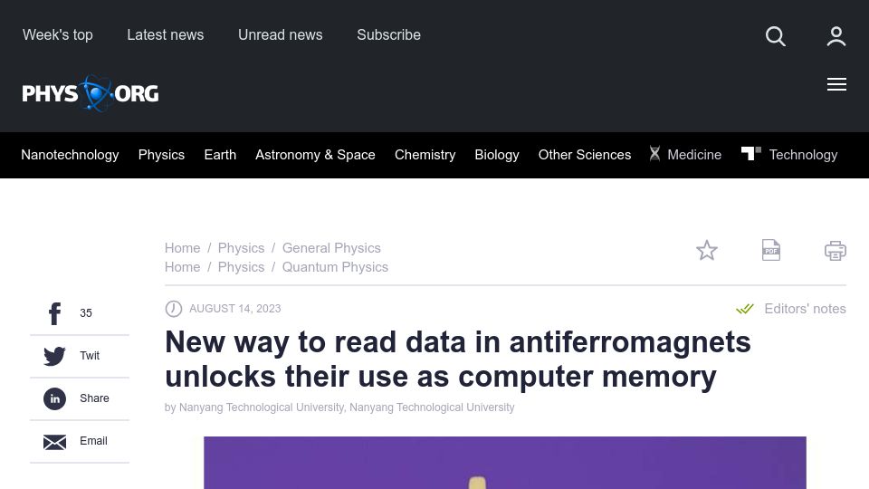Screenshot of phys.org: New way to read data in antiferromagnets unlocks their use as computer memory