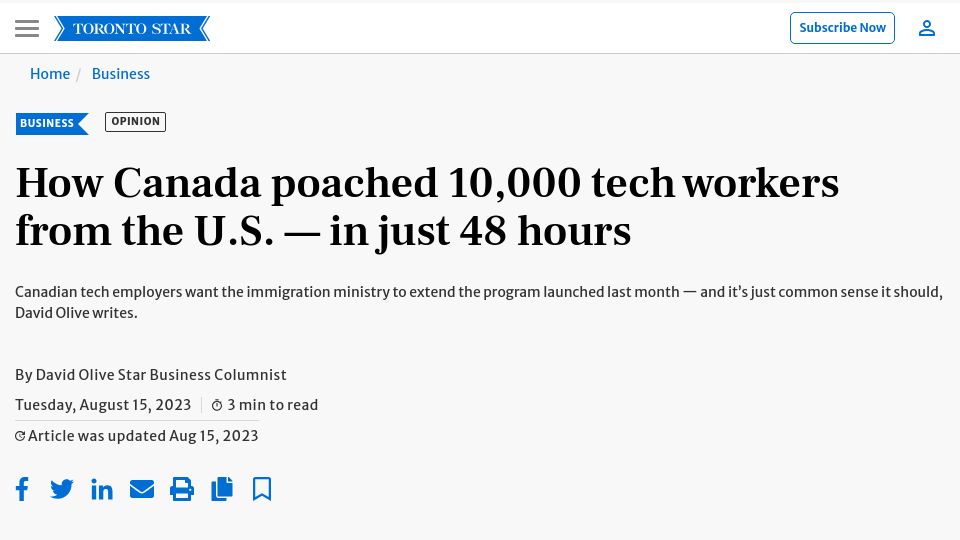 Screenshot of thestar.com: Canada had poached 10k tech workers from the U.S. – in just 48 hours