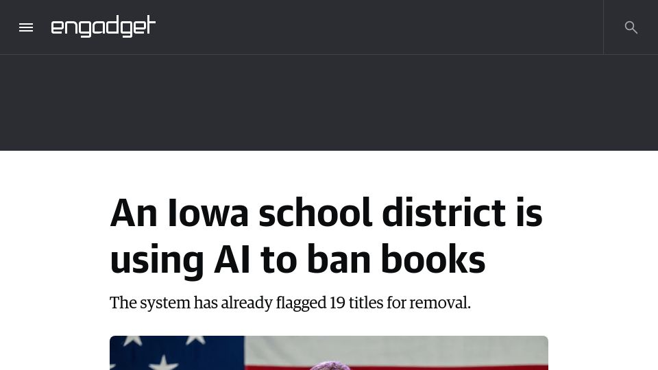 Screenshot of engadget.com: Iowa using AI to automatically scan and ban books