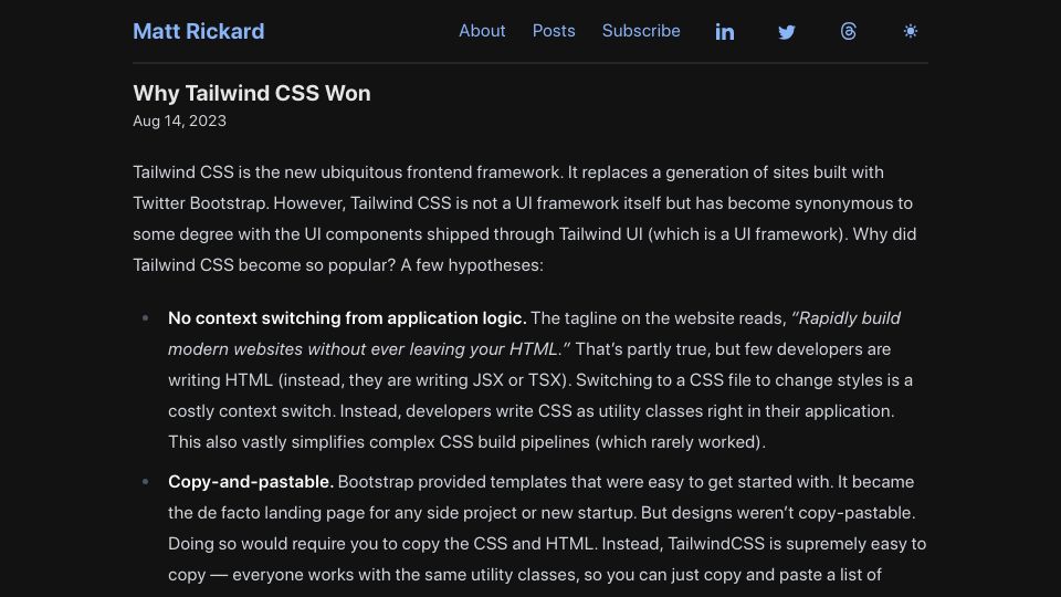 Screenshot of matt-rickard.com: Why Tailwind CSS Won