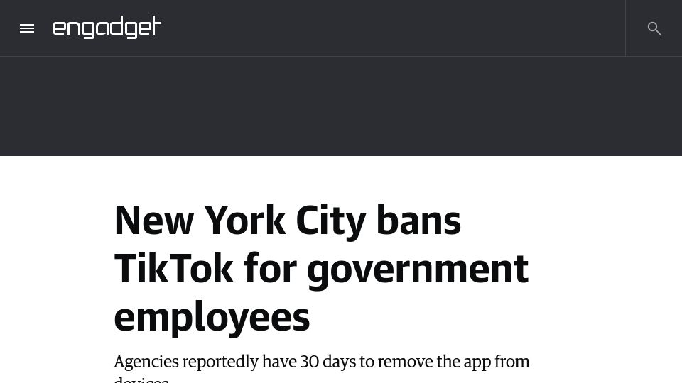 Screenshot of engadget.com: New York City bans TikTok for government employees