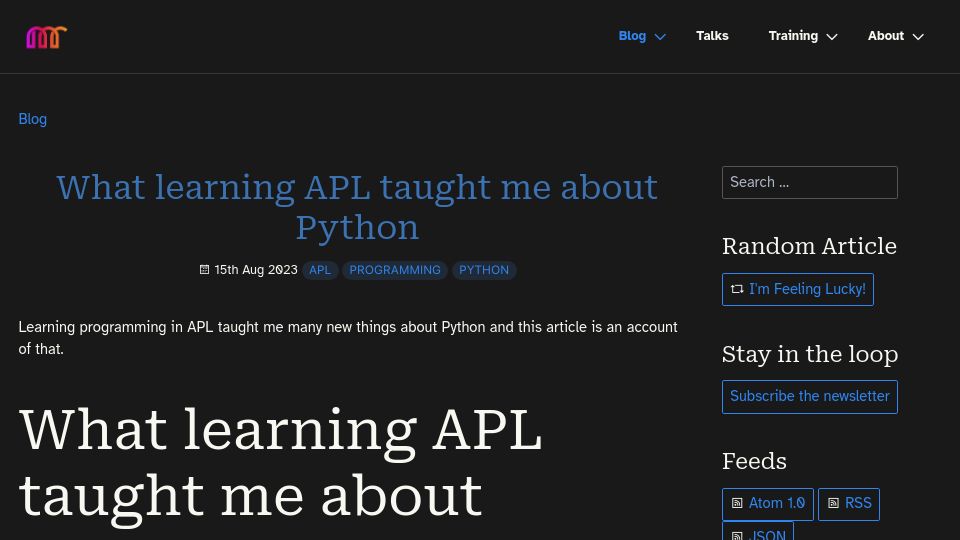 Screenshot of mathspp.com: What learning APL taught me about Python