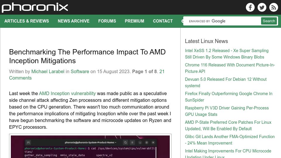 Screenshot of phoronix.com: AMD Inception Mitigations Cause 20% Performance Drop in Database Servers