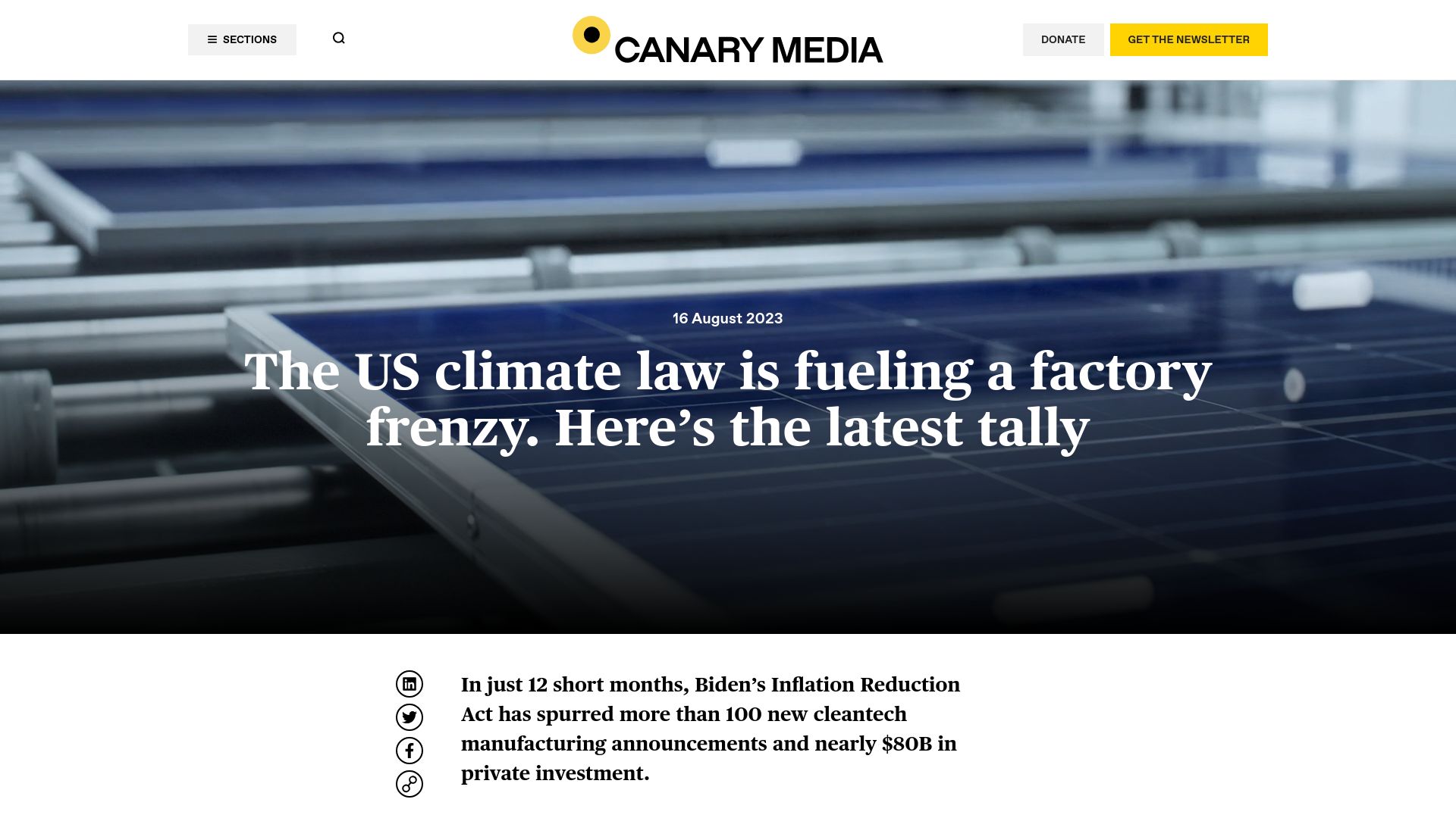 Screenshot of canarymedia.com: the US climate law is fueling a factory frenzy. Here’s the latest tally